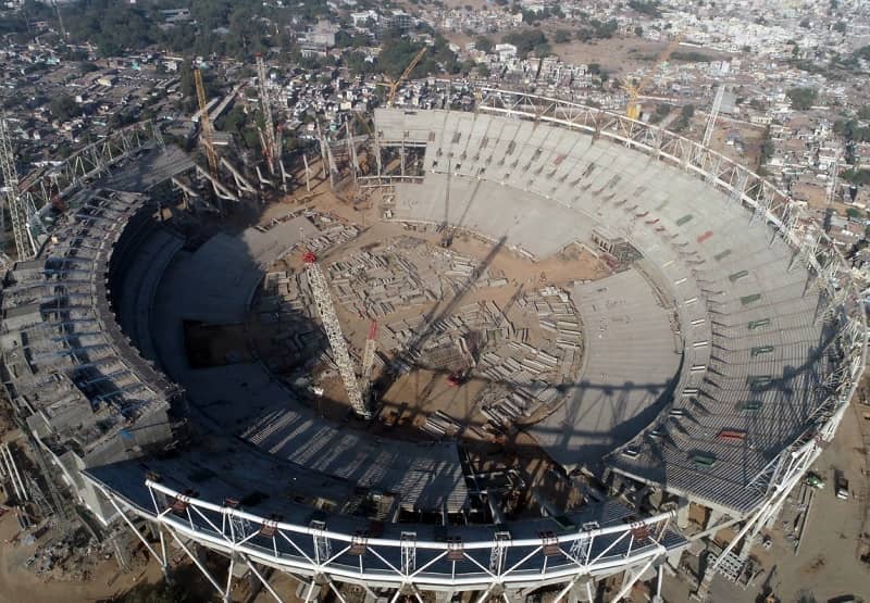 Aerial view of the circular stadium during construction