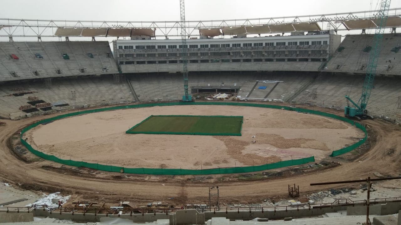 Stadium bowl with a cricket square and surrounding outfield works